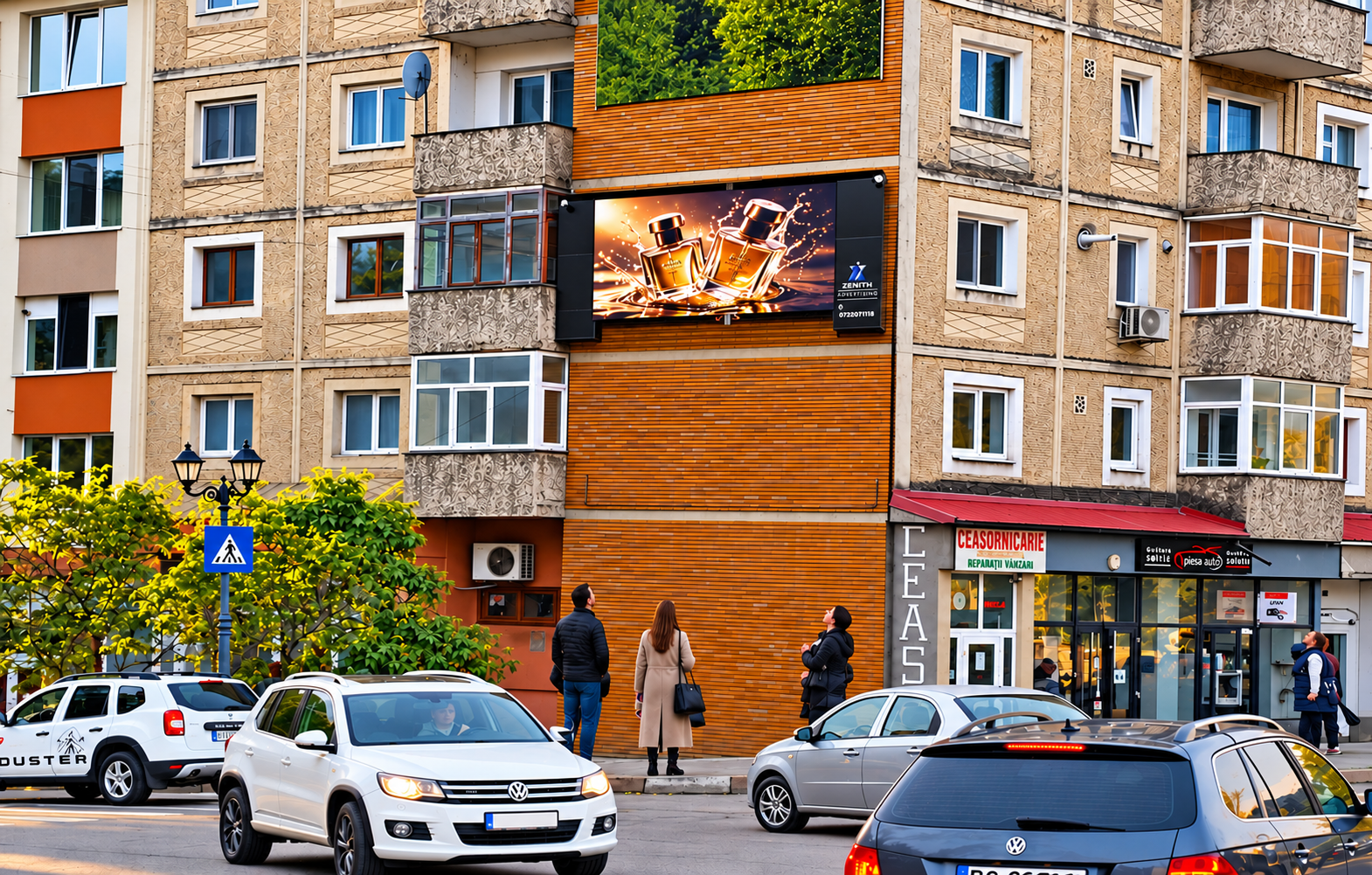 Ecranul LED Zenith Advertising amplasat pe clădirea din centrul Comăneștiului, surprins din zona străzii, cu trecători privind reclama.